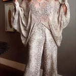 Iselle Animal Print Button Up Batwing Sleeve Shirt and Elastic Waist Wide Leg Pants Set