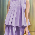 A-Line Loose Pleated Solid Color Round-Neck Vest Top
