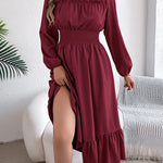 A-Line Elasticated Waist Pleated Solid Color Round-Neck Maxi Dresses