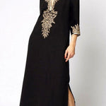 Loose Three-Quarter Sleeves Contrast Color Printed Split-Joint Split-Side V-Neck Maxi Dresses