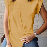 Loose Sleeveless Asymmetric Pleated Solid Color Split-Joint Mock Neck T-Shirts Tops
