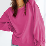 Long Sleeves Loose Fringed Solid Color Split-Joint Split-Side Round-Neck Sweatershirt