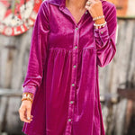 Long Sleeve Ruffle Velvet Button Up Shirt Dress
