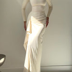 Bodycon High Waisted Asymmetric Pleated Ruffled Solid Color Split-Joint Round-Neck Maxi Dresses