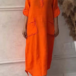 Women's Cotton and Linen Solid Color Casual Lapel Pocket Long Dress