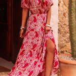 Red Paisley Print Side Slit Puff Sleeve High Waist Maxi Dress