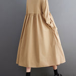 A-Line Long Sleeves Buttoned Pleated Pockets Solid Color Tied Lapel Midi Dresses Shirt Dress