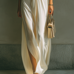 Women's Ivory Silky Fabric Deep V-Neck Maxi Dress With Puff Sleeves & Side Slit