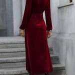 High Waisted Long Sleeves Solid Color Split-Side Tied Waist Velvet Deep V-Neck Maxi Dresses