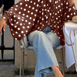 Polka Dot Print Tie-waist Lantern Sleeve Elegant Loose Shirt