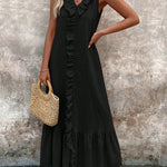 A-Line Loose Pleated Ruffle Trim Solid Color V-Neck Maxi Dresses