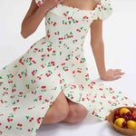 High Waisted Loose Buttoned Elasticity Flower Print Pleated Square-Neck Midi Dresses