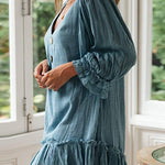 Loose Long Sleeve Ruffle Hem Cotton Linen Dress