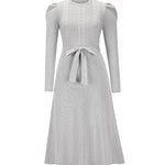 High Waisted Long Sleeves Solid Color Tied Waist Round-Neck Midi Dresses Sweater Dresses