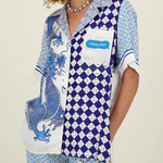 Unique Dragon Print Short Sleeve Loose Shirt and Elastic Waist Pocket Pants Set