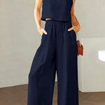 Margovil Square Collar Cami Crop Top Wide Leg Pants Cotton Linen Set