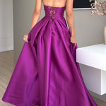 Margovil Strapless Lace-up High Slit Satin Maxi Party Dress