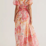 V Neck Puff Sleeves Ruched Waist Printed Maxi Dress