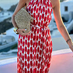 High Waisted Sleeveless Contrast Color Printed Split-Joint Split-Side Tied Waist Halter-Neck Maxi Dresses
