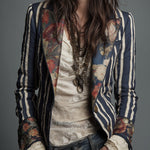 Bohemian Floral Print Cotton And Linen Striped Blazer