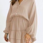 Button Long Sleeve Loose Shirt Dress Elastic Waist Ruffle Skirt