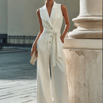 White Belted Jumpsuit With Sleeveless Design