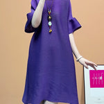 A-line Flared Sleeves Pleated Solid Color Round-neck Maxi Dresses Midi Dresses