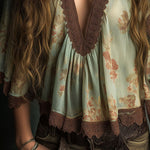 Vintage V-Neck Floral Chiffon Lace Trim Blouse With Bell Sleeves