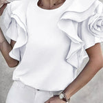 Loose Ruffle Sleeves Ruffled Solid Color Three-Dimensional Flower Round-Neck T-Shirts Tops
