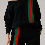Long Sleeves Loose Contrast Color Striped One-Shoulder Sweatshirt Tops