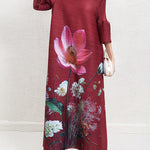 A-Line Flared Sleeves Flower Print Pleated V-Neck Maxi Dresses