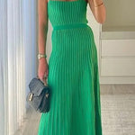 Women's Tube Top Slim High Waist Sling Knitted Dress Seaside Vacation Pleated Long Skirt