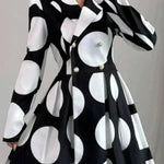 A-line High Waisted Buttoned Contrast Color Pleated Polka-Dot Lapel Mini Dresses