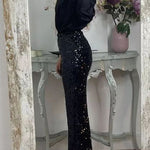 Glitzy Glamour Sequin High Rise Elastic Waist Wide Leg Pants