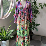 Bishop Sleeve High Waisted Flower Print Pleated Ruffled Split-Joint Deep V-Neck Maxi Dresses