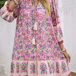 A-Line Loose Contrast Color Drawstring Flower Print Pleated Split-Joint V-Neck Mini Dresses
