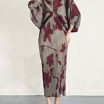 Batwing Sleeves Loose Pleated Printed V-Neck Midi Dresses