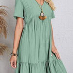 A-Line Loose Pleated Solid Color Split-Joint V-Neck Mini Dresses