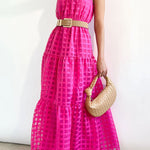 Loose Sleeveless Plaid Ribbed Stand Collar Maxi Dresses