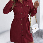 Elasticated Waist Long Sleeves Belted Buttoned Single-Breasted Solid Color Lapel Collar Mini Dresses Shirt Dress