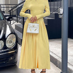 High Waisted Long Sleeves Pleated Solid Color Split-Front One-Shoulder Maxi Dresses