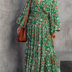 Fashion printed lantern long-sleeved V-neck backless stitching dress