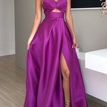Margovil Strapless Lace-up High Slit Satin Maxi Party Dress