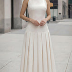 High-Neck Pleated Midi Dress With Sculpted Bodice