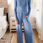 Long Sleeves Slim Fit Top Elastic Waist Wide Leg Pants Loungewear Set