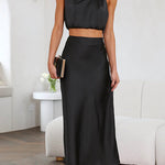 Margovil Turtleneck Sleeveless Crop Top High Waist Maxi Skirt Satin Set