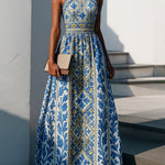 A-Line High Waisted Flower Print Pleated Zipper Halter-Neck Maxi Dresses