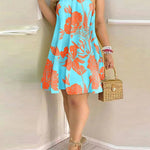 Loose Sleeveless Contrast Color Floral Printed Halter-Neck Mini Dresses