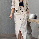 Work Style Lapel Long Sleeve Jacket and Button Belt Pocketed Slit Midi Skirt Set