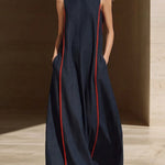 A-line Loose Contrast Color Pockets Split-Joint Round-neck Maxi Dresses